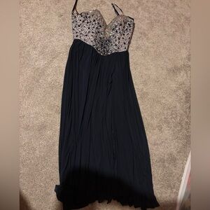 Elegant Navy Blue and Silver Evening Gown